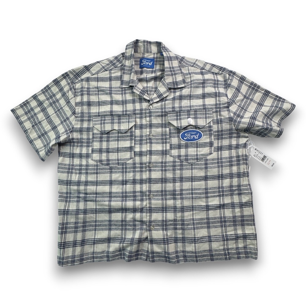 PacSun Ford Plaid Short Sleeve Camp Shirt Cream Navy Blue Mens Large NWT
